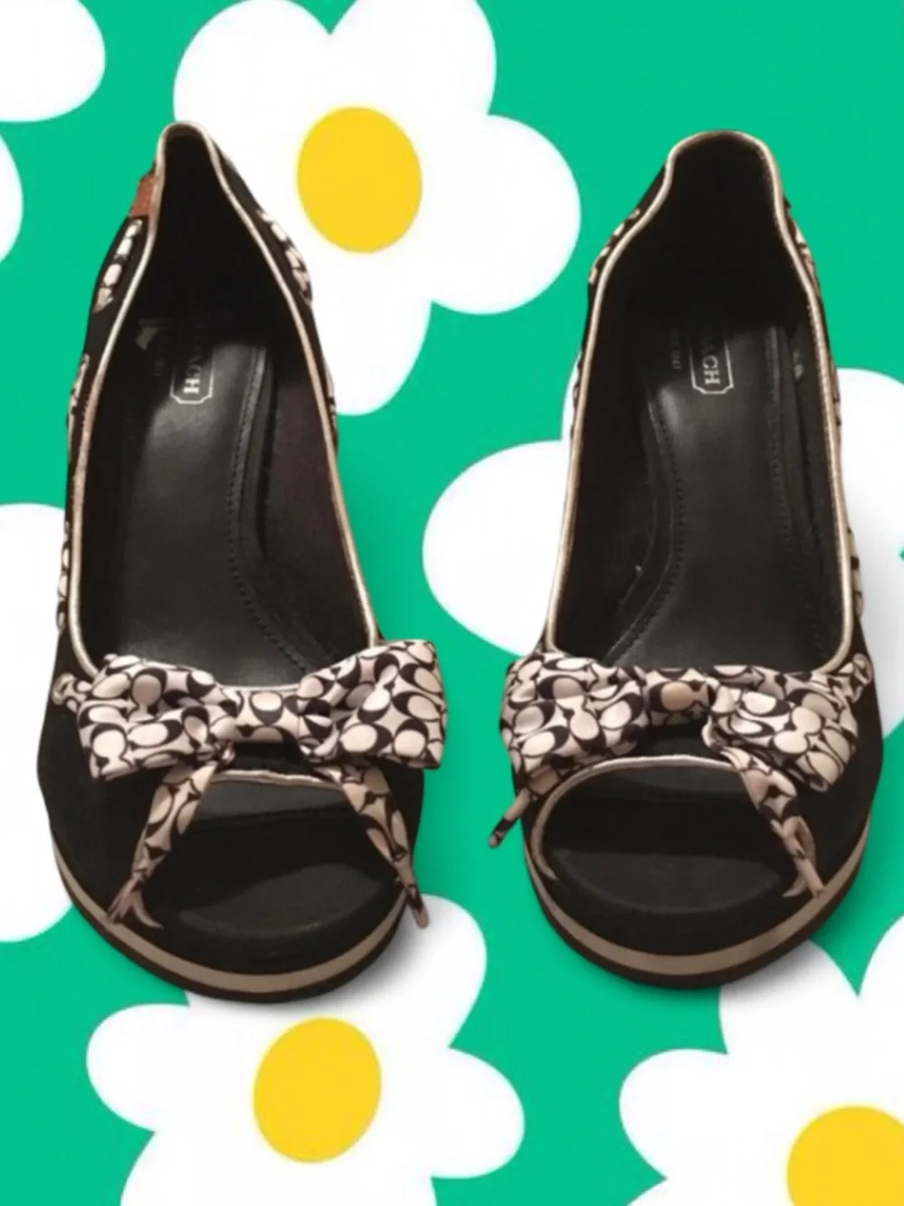 Coach Thalia Wood Platform Wedge Peep-Toe Pumps with Bow 10 - Picture 3 of 4